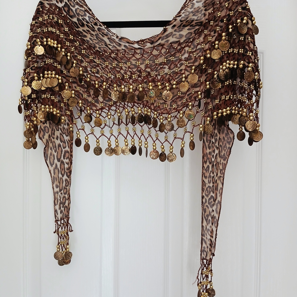 Leopard Print Scarf with Gold Coin Accents - Picture 2 of 11